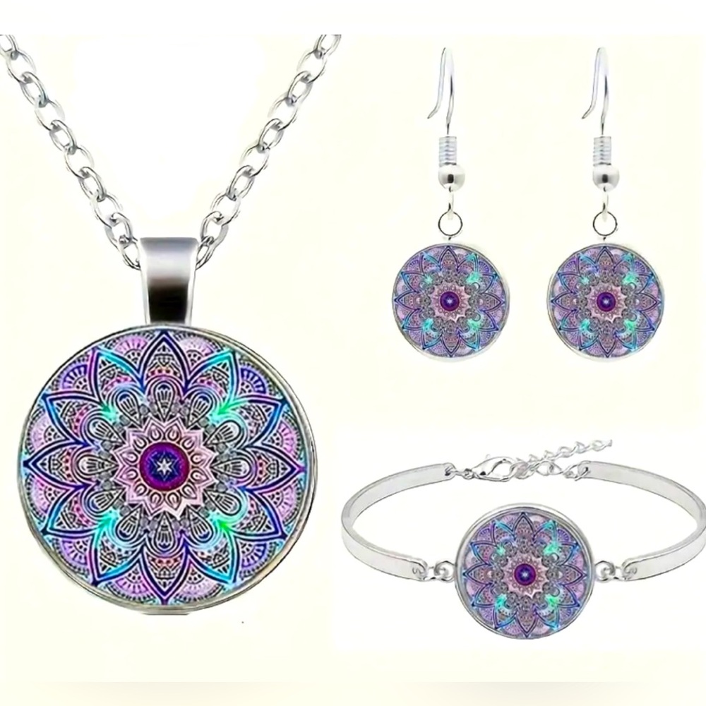 NEW Purple Mandala Cabochon Jewelry Set
